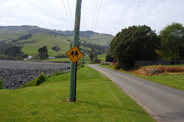 Желтый знак на деревенской дороге — стоковое фото
