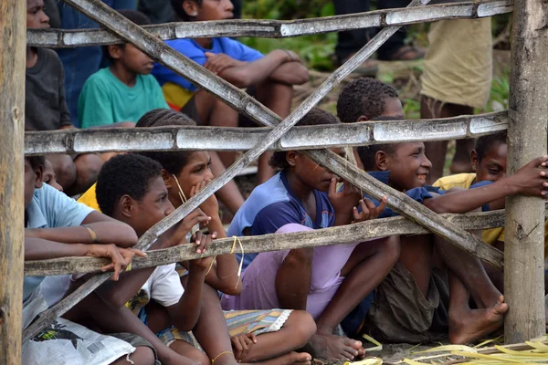 Enfants derrière une clôture en bambou — Photo