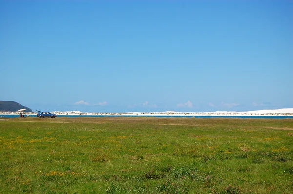 Carro com na praia de areia do oceano — Fotografia de Stock