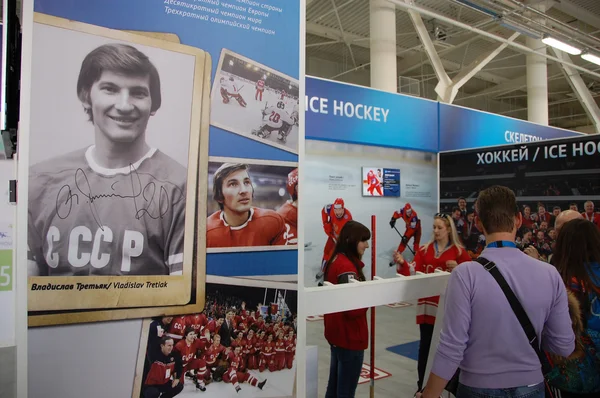 Návštěvníci stánku výstavy historie ledního hokeje — Stock fotografie