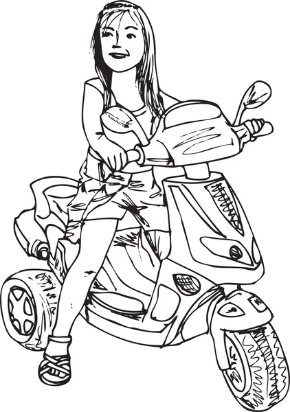 Croquis de la petite fille conduisant une moto. Illustration vectorielle — Image vectorielle