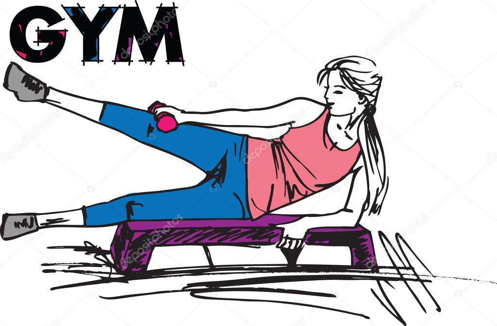Sketch of a woman working out at the gym with dumbbell weights