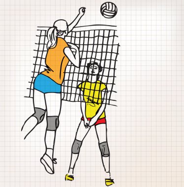 Kızlar voleybol oynarken illüstrasyon kroki