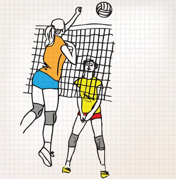 Mädchen spielen Volleyball Sketch Illustration — Stockvektor