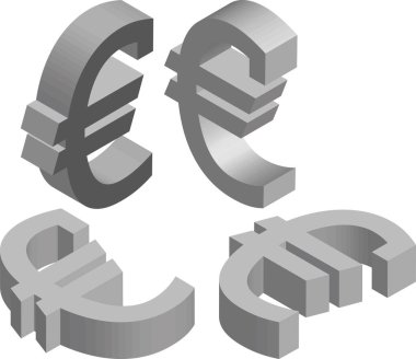 Isometric Euro sembolü. Logolar, amblemler, monogramlar yaratmak için bir şablon. Siyah ve beyaz. 3B sanat sembolü illüstrasyonu