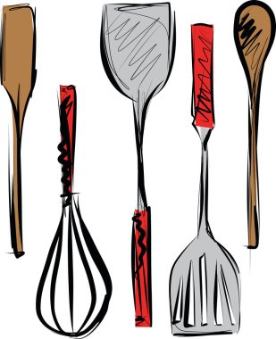 Mutfak aletleri ve yemek pişirme aletleri ikonu çizimi. Spatula, çırpıcı ve Skimmer. Vektör illüstrasyonu.