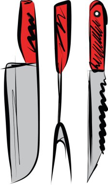 Çatal ve bıçaklardan oluşan set çatal ve bıçak çizimi. Vektör illüstrasyonu