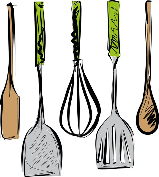 Esquisse Des Outils Ustensiles Cuisine Icône Spatule Fouet Écumoire Illustration — Image vectorielle