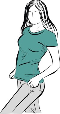 Moda kadını skeci. El çizimi, tişörtlü ve kot pantolon vektör resimli güzel bir kadın.