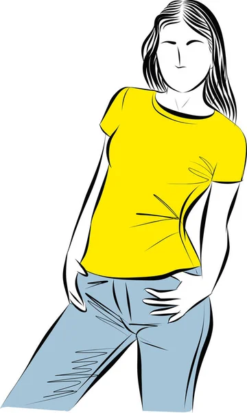 Fashion Woman Sketch Hand Drawn Beautiful Young Woman Shirts Jeans — Stock Vector