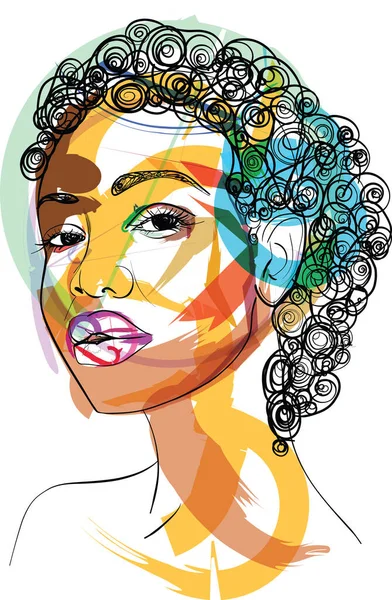 Line Art Woman Face Drawing Black Woman Afro American Female — Vetor de Stock