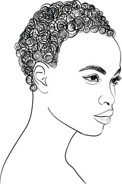 Çizgi Sanat Kadını Yüzü Çizimi. Siyah kadın. Afro-Amerikan Kadın Logosu. Minimalist Yüz. Güzellik Salonu Çizgi Vektör İllüstrasyonu