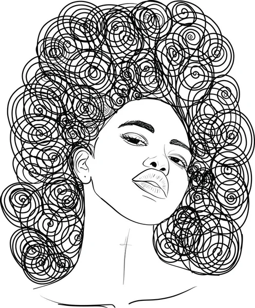 Line Art Woman Face Drawing Black Woman Afro American Female — Vetor de Stock