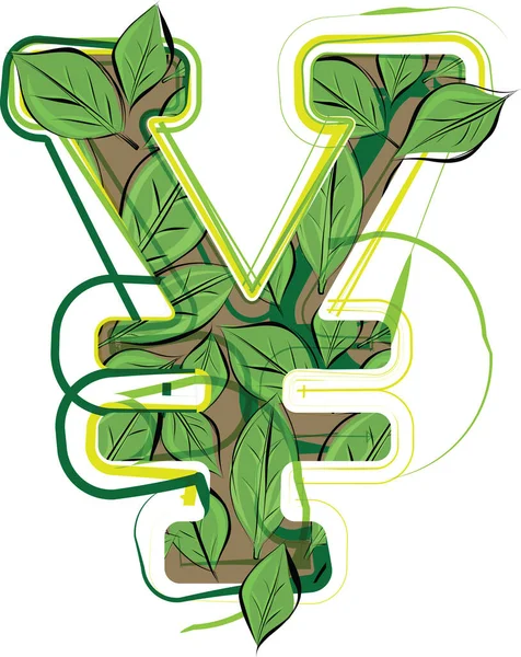 Green Leaf Yen Symbol Sketch Drawing Vector Illustration — Stockový vektor