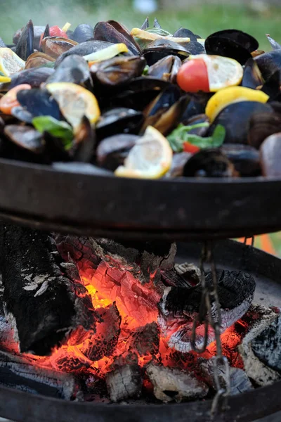 侧观海鲜烧烤在Bbq烧烤后后院 在室外烤架上用香草 柠檬和西红柿烹调的贝壳中的贻贝 健康食品 贝壳里的贻贝 — 图库照片