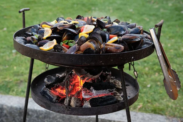 裏庭のBbqグリルでのシーフードグリルのサイドビュー 外でグリルでハーブ レモンとトマトで調理シェルでマッセル ピクニック健康食品 貝のムール貝 — ストック写真