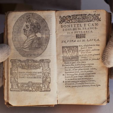 LVIV, UKRAINE - May 19, 2020: Italien, literary book from Francesco Petrarca 1551 A.D. AUTHOR: Francesco Petrarca. Italian scholar, poet and humanist clipart
