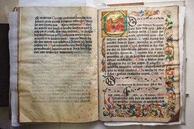 LVIV, UKRAINE - April 4, 2020: manuscripts in the medieval library. Incunabula. Books printing in Europe in the 1450s to the end of the 15th century