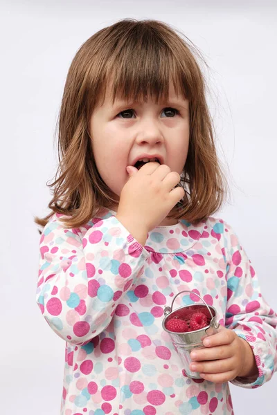 Little Baby Eating Raspberry Decorative Metal Bucket Cute Little Girl — Photo