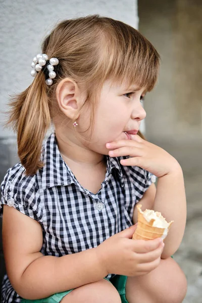 Little Baby Girl Eating Ice Cream Licking Her Fingers Cute — Photo
