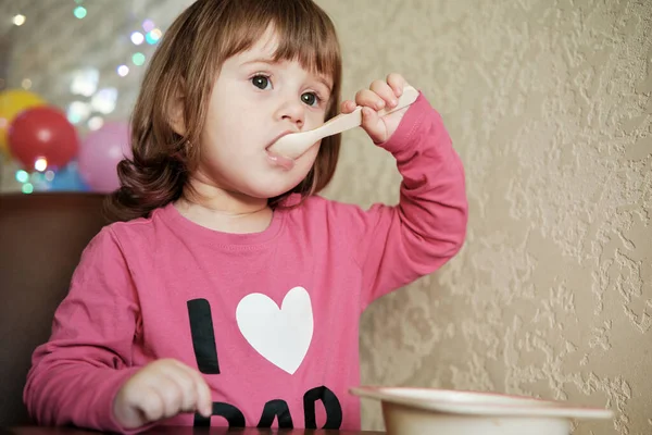 Cute Little Girl Years Alone Eats Porridge Spoon Child Eat Stock Image