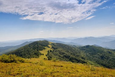 Panorama of mountain ridges silhouettes. Carpathians, Ukraine. Summer mountain landscape. Wild nature high in mountains