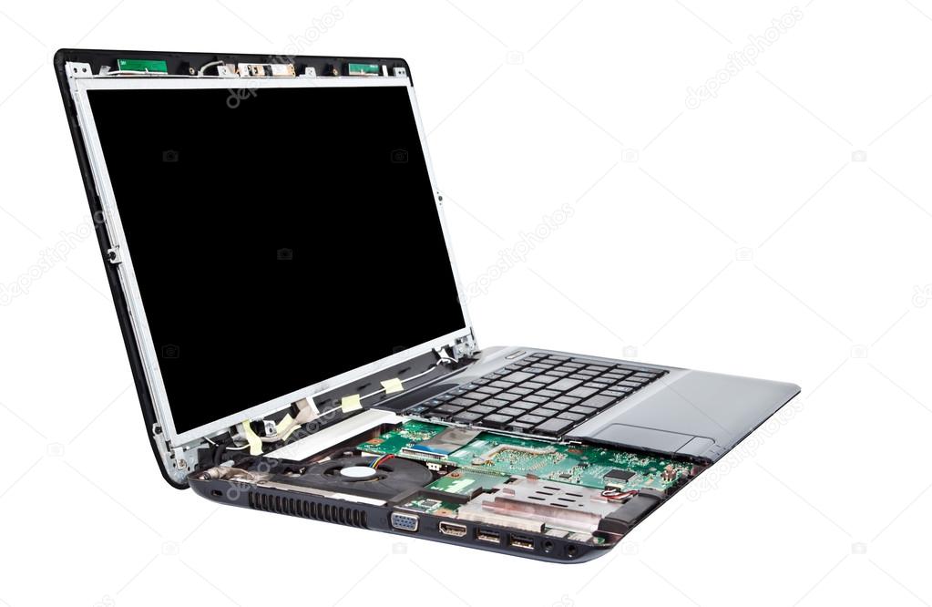 Laptop half disassembled. Laptop repair service Stock Photo by