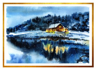Kış ormanı, göl ve ev içeren suluboya Noel kartı. Tebrikler için altın çerçeveli tebrik kartı.