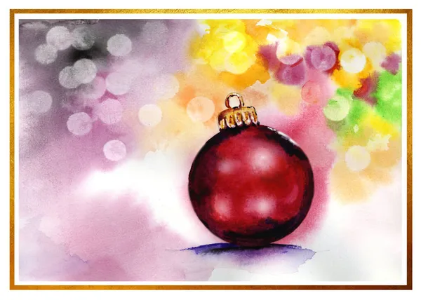 Karácsonyi Üdvözlőlap Fával Piros Karácsonyi Labdával Képeslap Arany Kerettel Gratulációhoz — Stock Fotó