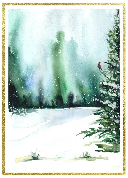 Акварельна Різдвяна Листівка Зимовим Лісом Червоною Пташкою Вітальна Листівка Золотою — стокове фото