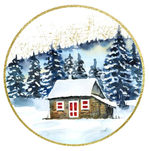 Holiday drawing of a lonely house in the woods. Winter pine forest and a house with red windows