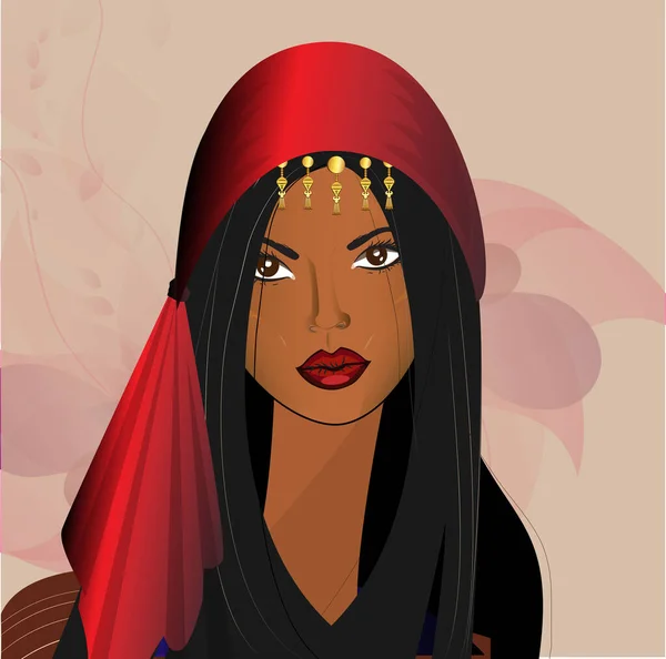 Frumoasă Fată Orientală Într Eșarfă Roșie Păr Întunecat Fundal Colorat — Fotografie, imagine de stoc