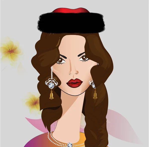 美しい東洋の女の子の毛皮の帽子 イヤリング 花と色の背景に編組 — ストック写真