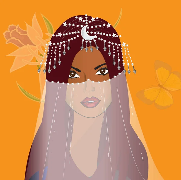 Красивая Восточная Девушка Серебряной Диадемой Оранжевом Фоне — стоковое фото