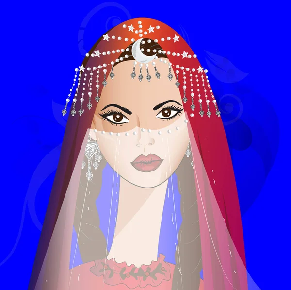 Красива Східна Дівчина Червоному Шарфі Надмірною Вагою Синьому Тлі Квітами — стокове фото