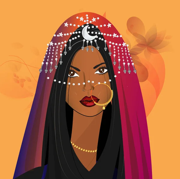 暗い髪と三日月と銀のダイヤモンドを持つ美しい東洋の女の子 花のあるオレンジの背景に — ストック写真