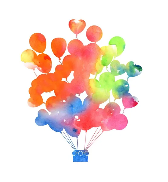 Watercolor Balloons Colored Background Lots Balloons Basket — Stockfoto