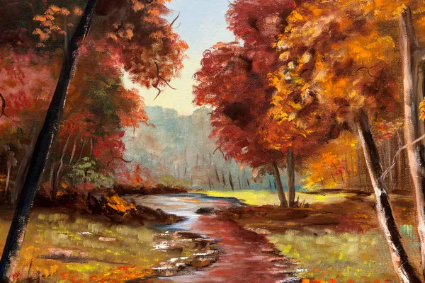 Fragment of vintage painting depicting an autumn colored trees and creek in nature. Traditional landscape painting.