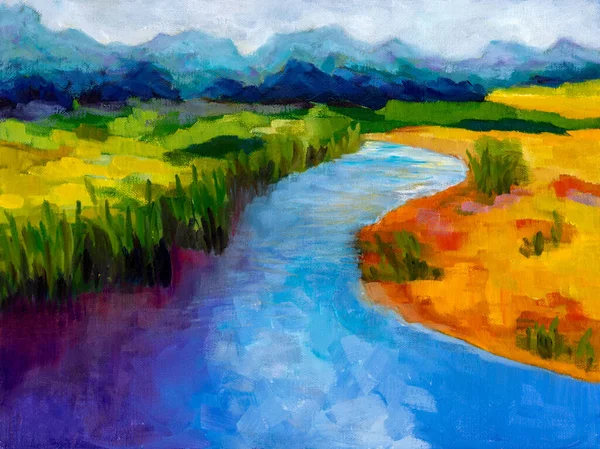 場の風景を描いた現代表現主義の油彩画 川や山や — ストック写真