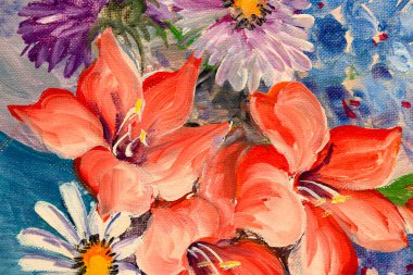 El yapımı yağlı boya resmin ayrıntıları tuval üzerinde çiçekler, izlenimcilik tarzı.