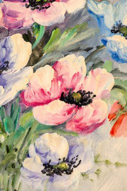 El yapımı yağlı boya resmin ayrıntıları tuval üzerinde çiçekler, izlenimcilik tarzı.