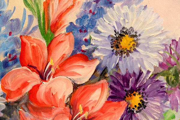 Detail Still Life Hand Made Oil Painting Depicting Flowers Canvas — Stock Photo, Image