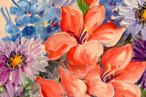Detail Zátiší Ručně Malované Olejomalby Zobrazující Květiny Plátně Impresionismus Styl — Stock fotografie