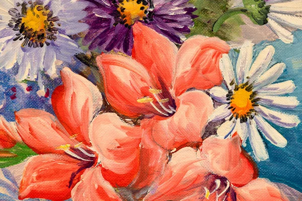 Detail Still Life Hand Made Oil Painting Depicting Flowers Canvas — Stock Photo, Image