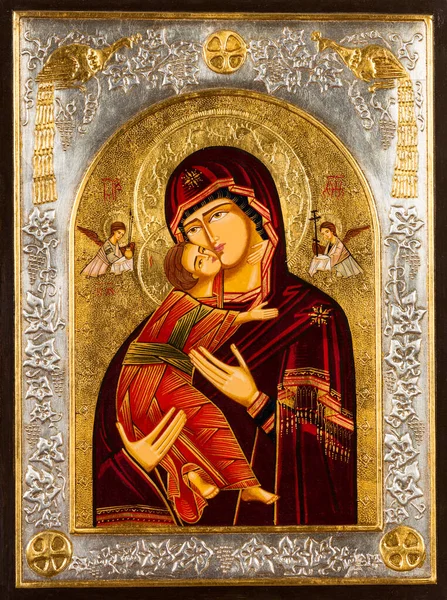 Икона Написанная Византийском Православном Стиле Изображением Девы Марии Иисуса — стоковое фото