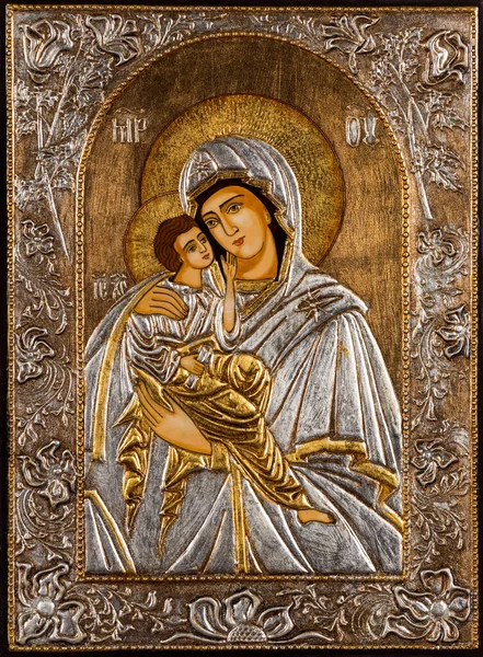 Icona Dipinta Stile Bizantino Ortodosso Raffigurante Vergine Maria Gesù — Foto Stock