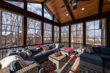 Tatil sezonunda verandada rahat bir kış, arka planda karlı çatılar ve ağaçlar..