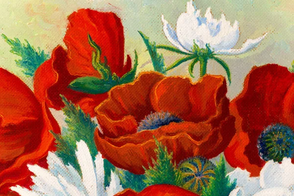 静物画描绘鲜红的罂粟和白色的牡丹花的油画 — 图库照片