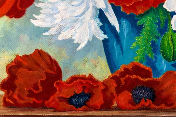 Natureza Morta Close Pintura Óleo Retratando Papoulas Vermelhas Brilhantes Flores — Fotografia de Stock