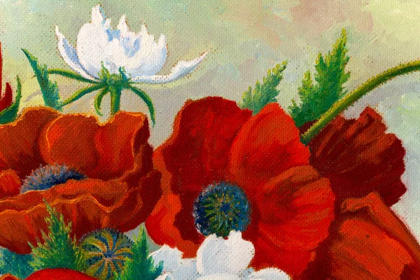明るい赤のポピーと白い牡丹の花を描いた油彩画を閉じます — ストック写真